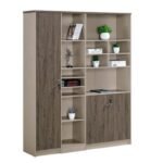 Modern 3-Door Office Storage Cabinet With Open Display Shelves Coffee Finish